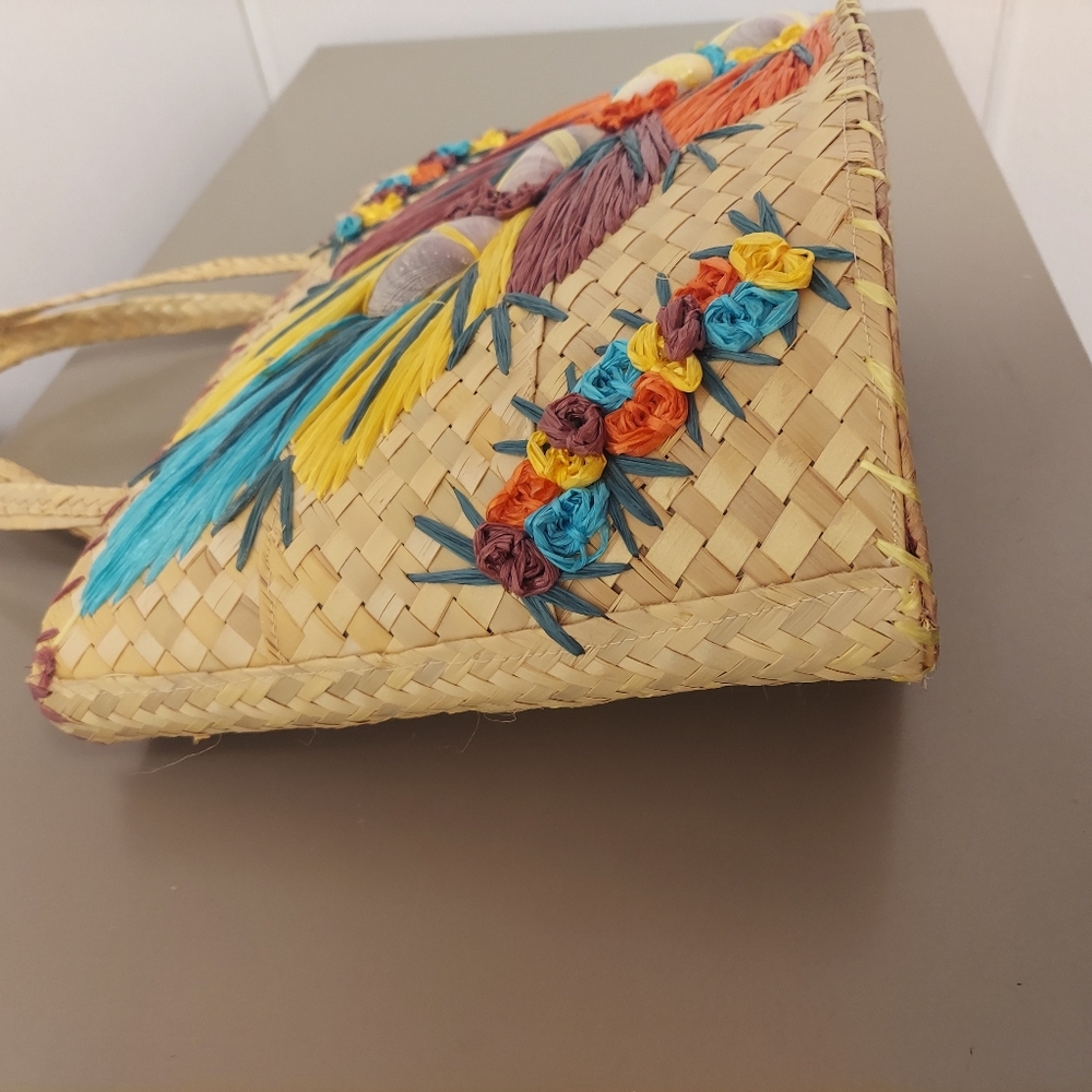 Vintage Floral & Shells Woven Tourist Bag Purse Raffia Straw Beach - Picture 13 of 13